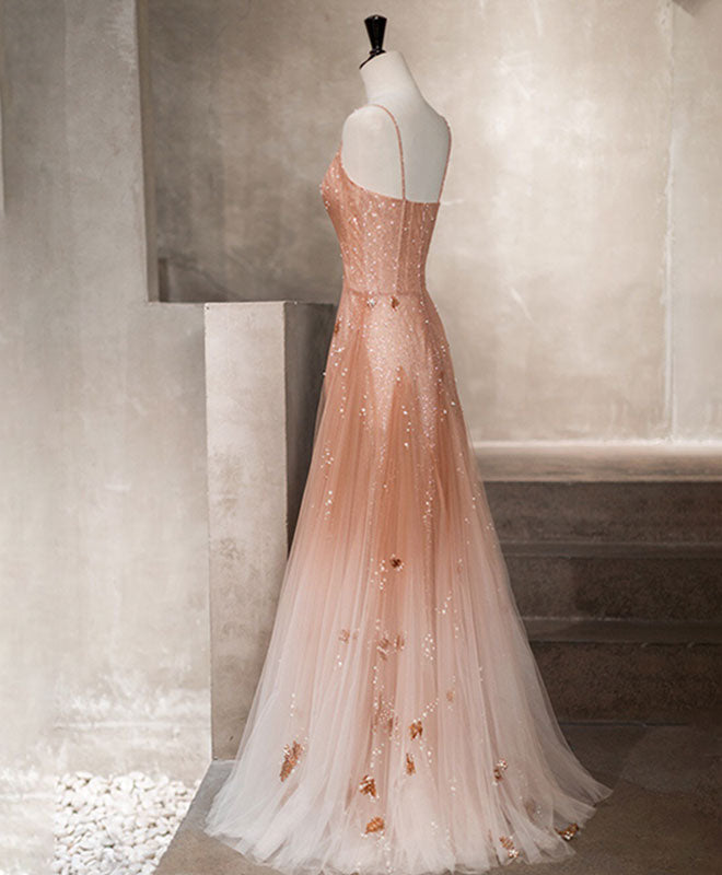 A-Line Pink Tulle Long Prom Dress, Tulle Pink Evening Dress