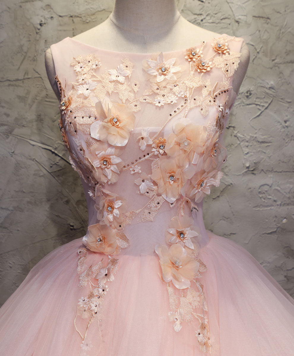 Pink Round Neck Tulle Lace Long Prom Dress Lace Formal Dress