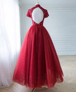 Burgundy Tulle Lace Long Prom Dress, Tulle Lace Evening Dress