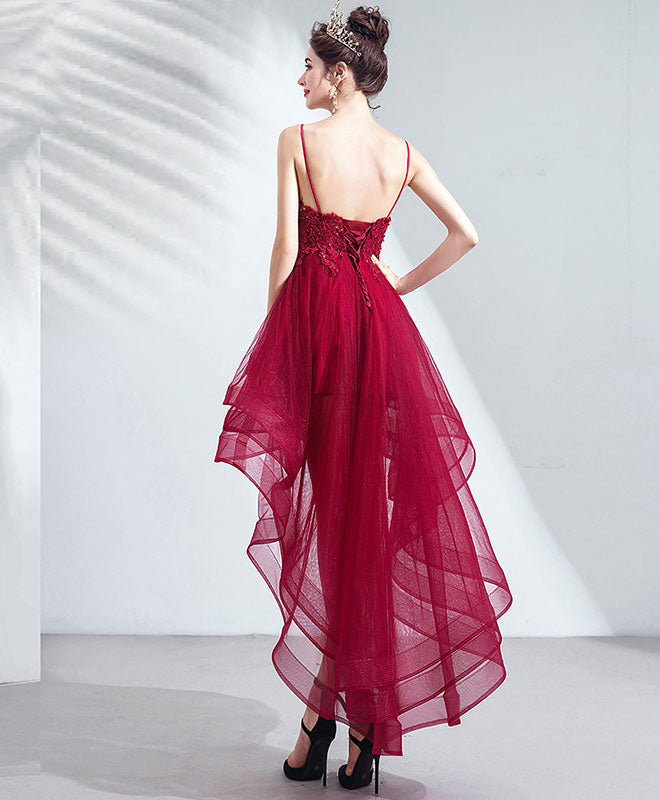 Burgundy Tulle Lace High Low Prom Dress Lace Homecoming Dress
