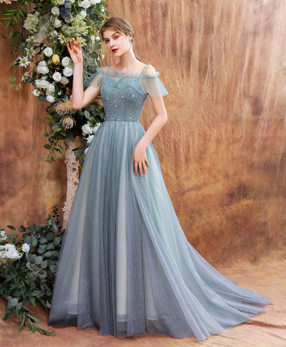 A-Line Tulle Beads Long Green Prom Dress, Tulle Formal Dress