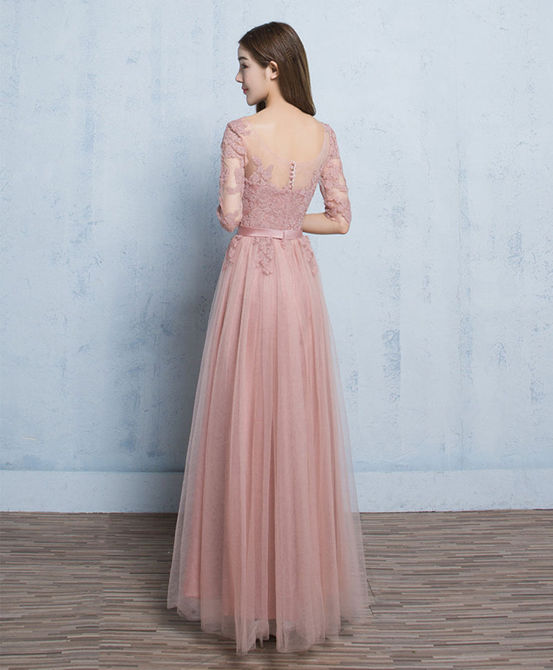 Pink Round Neck Tulle Lace Long Prom Dress, Pink A-Line Bridesmaid Dress