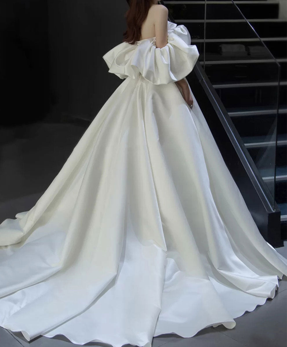 White Off Shoulder Satin Long Wedding Dress White Bridal Gown – shopluu