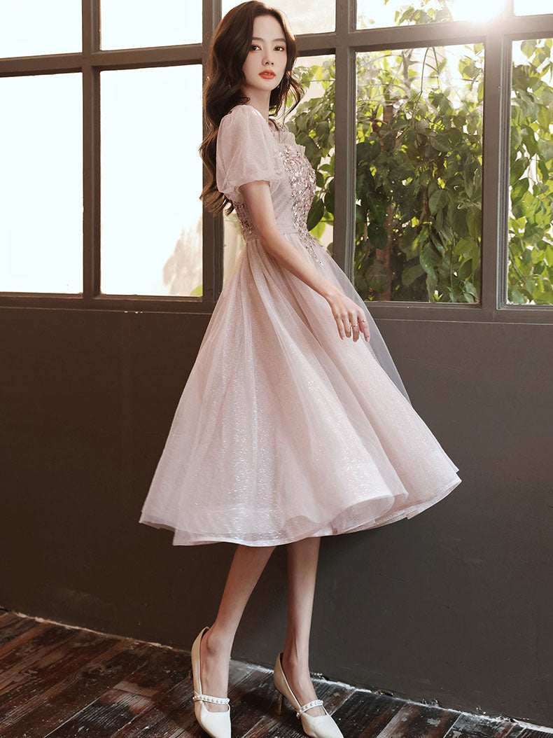 Pink tulle Lace Short Prom Dress, Pink Homecoming Dress