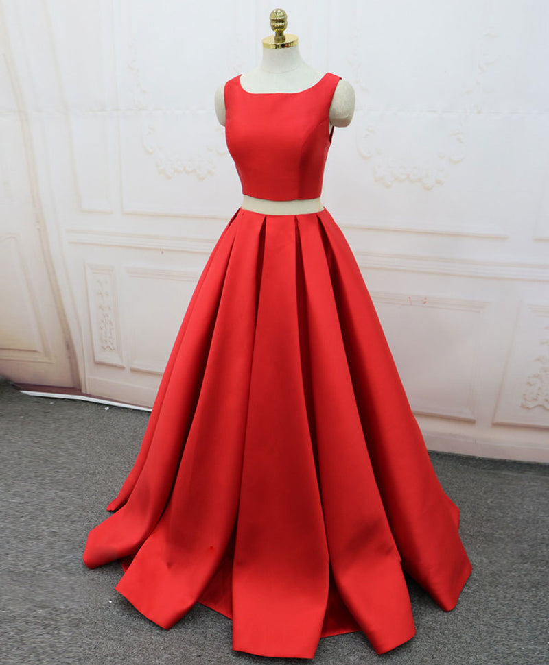 Red Satin Two Pieces Long Prom Dress Red Long Evening Dress