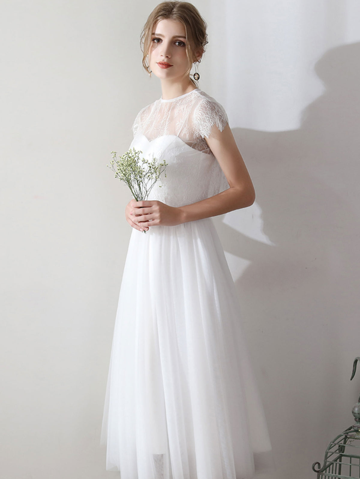 White Lace Short Bridesmaid Dress, Two Pieces Wedding Party Dresses