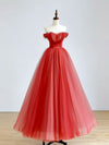 Red A-Line Long Prom Dress, Red Tulle Formal Graduation Dresses