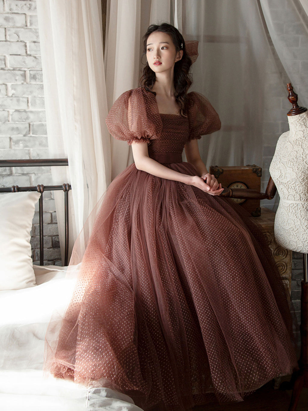 Elegant Retro Brown Tea Length Tulle Prom Dress, Puffy Homecoming Dres shopluu Elegant Retro Brown Tea Length Tulle Prom Dress, Puffy Homecoming Dres shopluu
