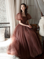 Elegant Retro Brown Tea Length Tulle Prom Dress, Puffy Homecoming Dres –  shopluu