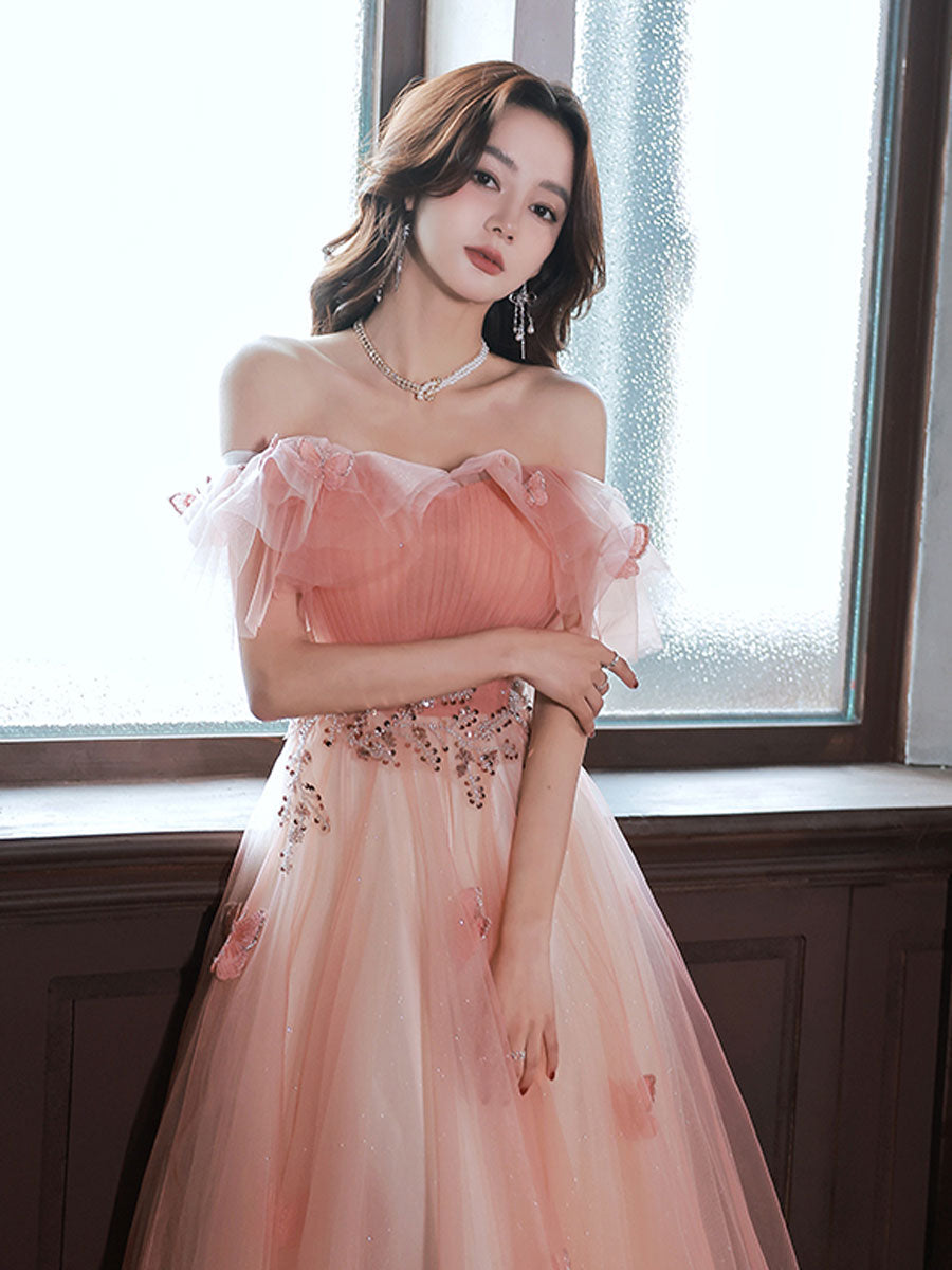 2018 off shoulder pink tulle long handmade evening dress, long ball gown |  Pink formal dresses, Ball gowns prom, Prom dresses ball gown