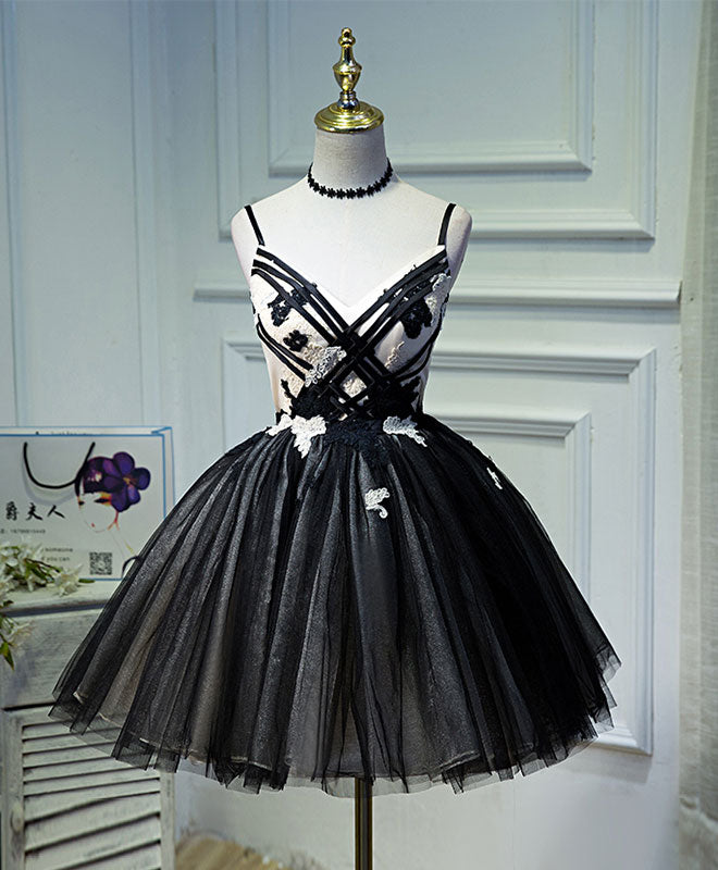 A-Line Black Tulle Short Prom Dress, Black Homecoming Dresses