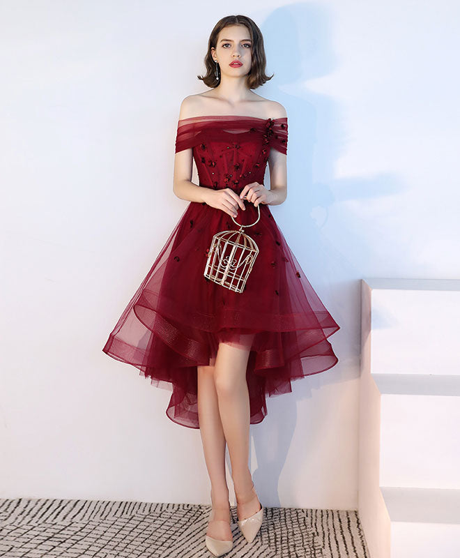 Burgundy Tulle Lace Short Prom Dress, Burgundy Tulle Evening Dress
