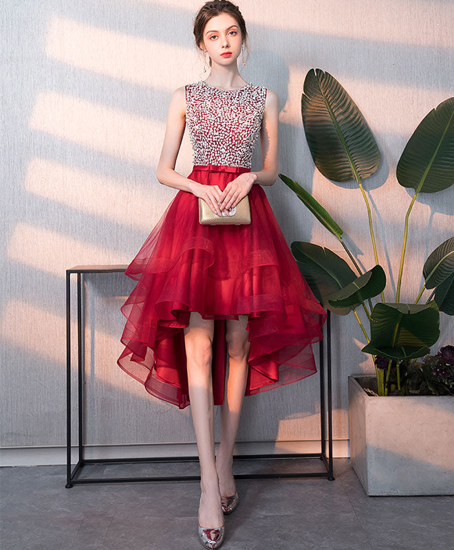 Burgundy Tulle Round Neck Sequin Short Prom Dress, Burgundy Homecoming Dress