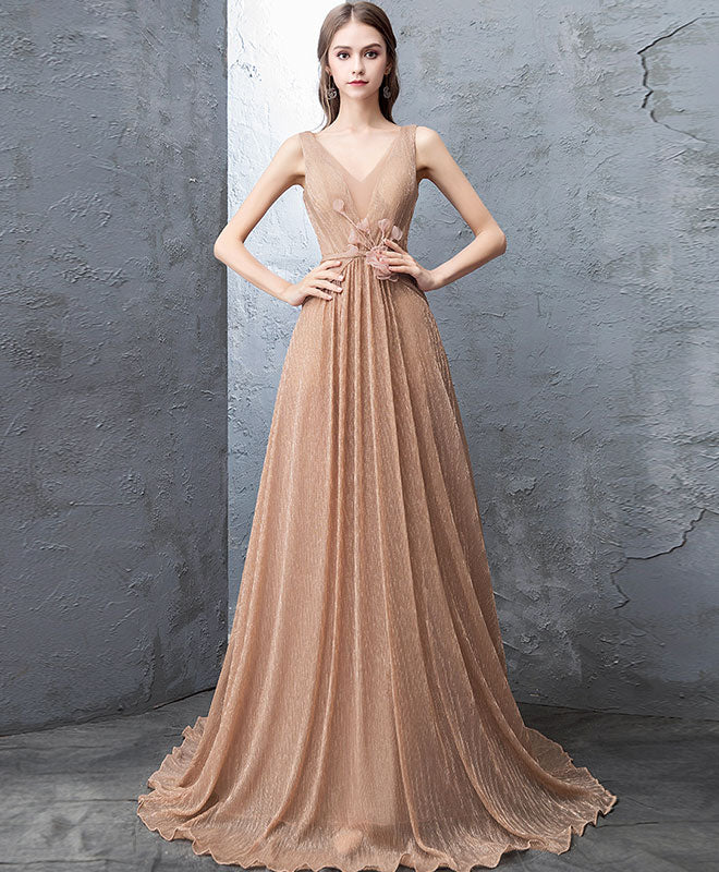 A-Line Gold V Neck Tulle Long Prom Dress, Gold Tulle Evening Dress