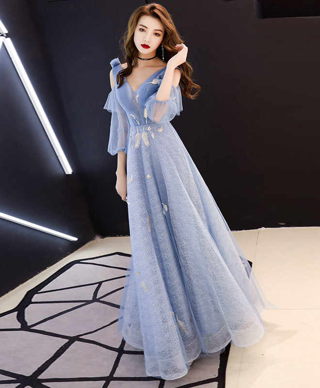 Blue V Neck Tulle Lace Long Prom Dress, Blue Evening Dress