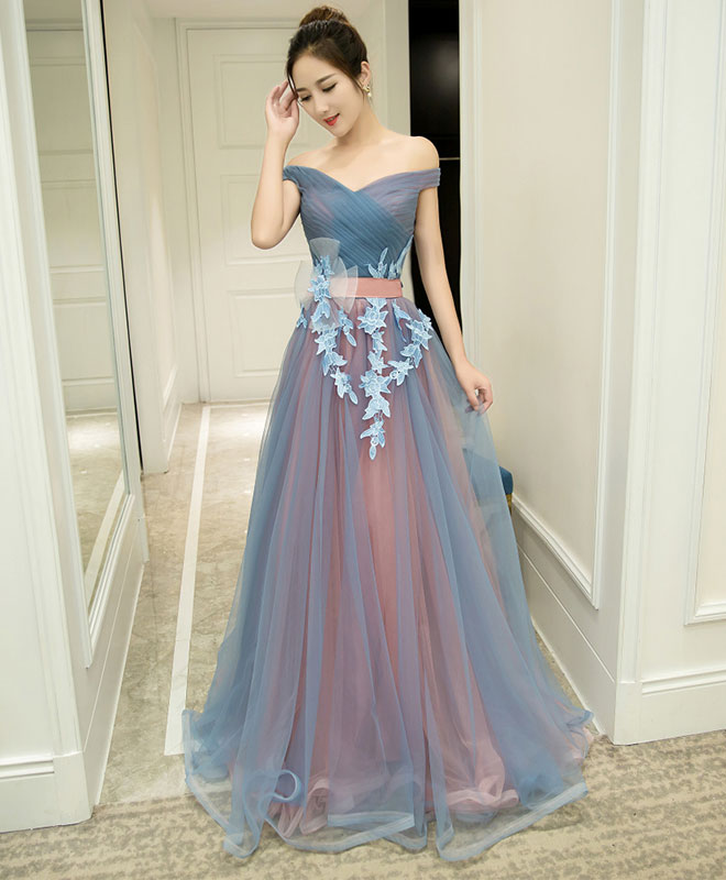 Gray Blue Tulle Off Shoulder Long Prom Dress, Gray Blue Evening Dress