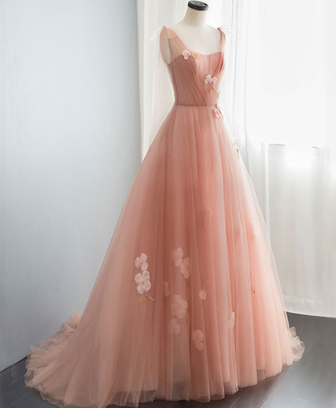 Pink V Neck Tulle Long Prom Dress, Tulle Pink Evening Dress