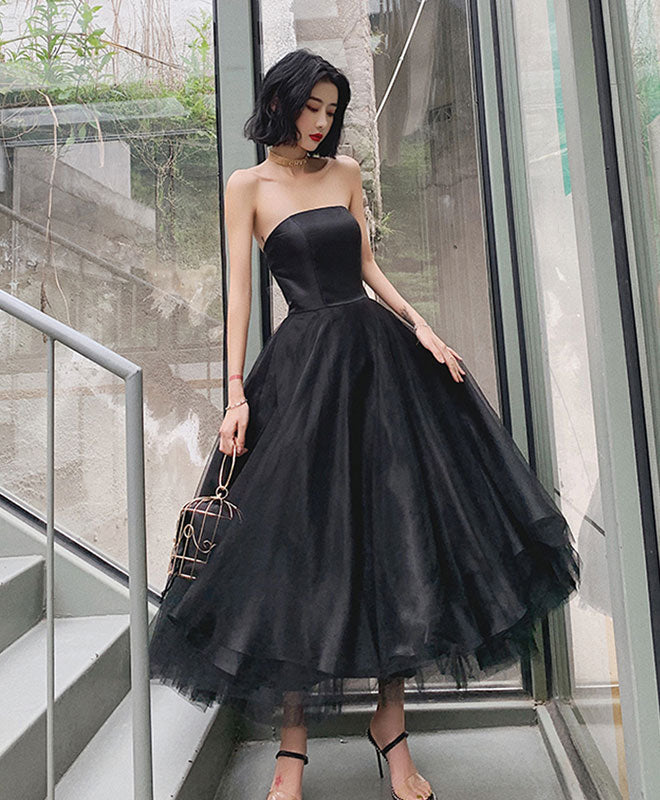 short black tulle dress Strapless Lace Prom with Long Overskirt / 4 Length Fabric Black Tulle Short Prom Dress,