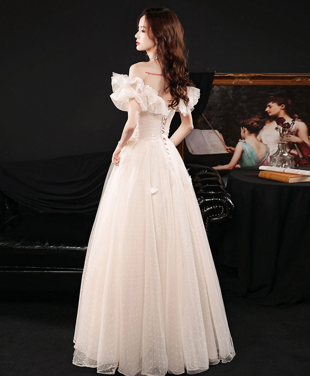 Champagne Long Prom Dress, A line Tulle Formal Graduation Dress with Butterfly