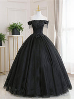 Black Tulle Off Shoulder Lace Long Prom Dress, Black Evening Dress