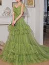 Green V Neck Tulle Long Prom Dress, Green Tulle Formal Dresses