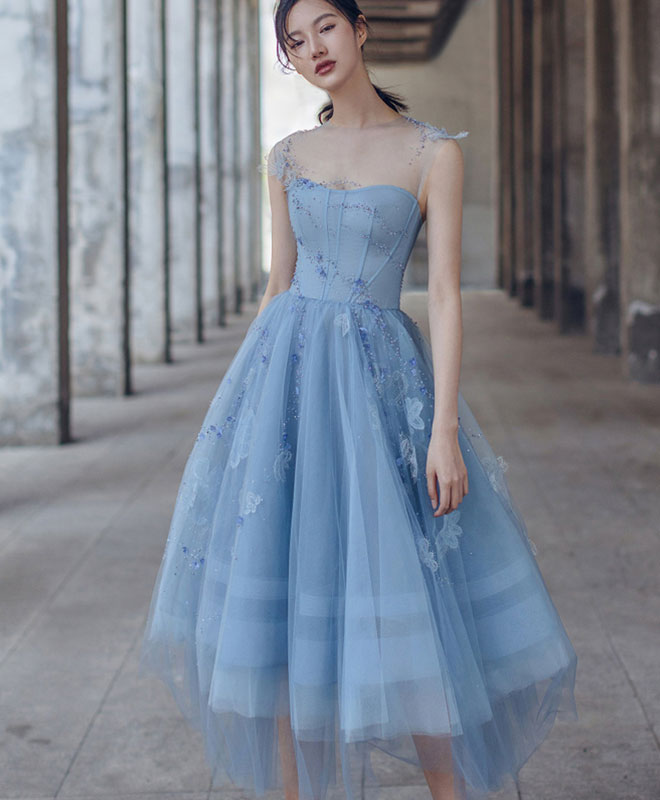 Blue Tulle Short Prom Dress, Blue Homecoming Dress with Lace Beading