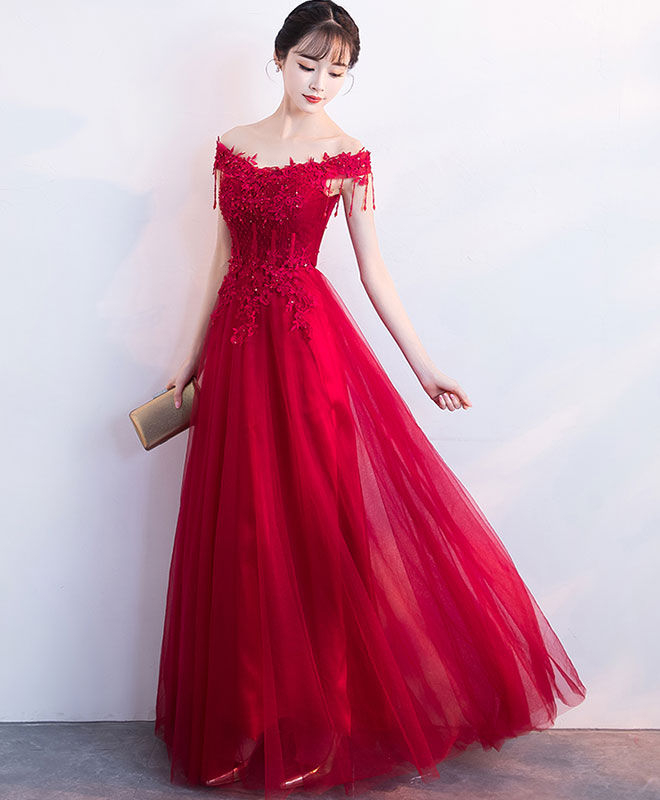 Burgundy V Neck Tulle Lace Long Prom Dress, Burgundy Tulle Bridesmaid – shopluu