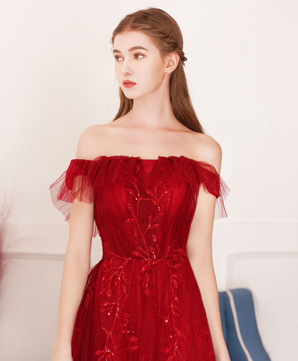 Burgundy Tulle Lace Long Prom Dress Burgundy Evening Dress