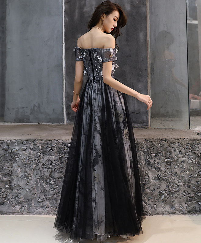 Black Tulle Lace Long Prom Dress, Black Tulle Evening Dress