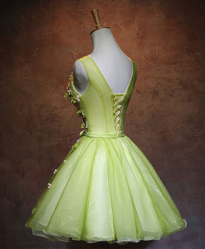 Green V Neck Tulle Short Prom Dress, Green Homecoming Dress