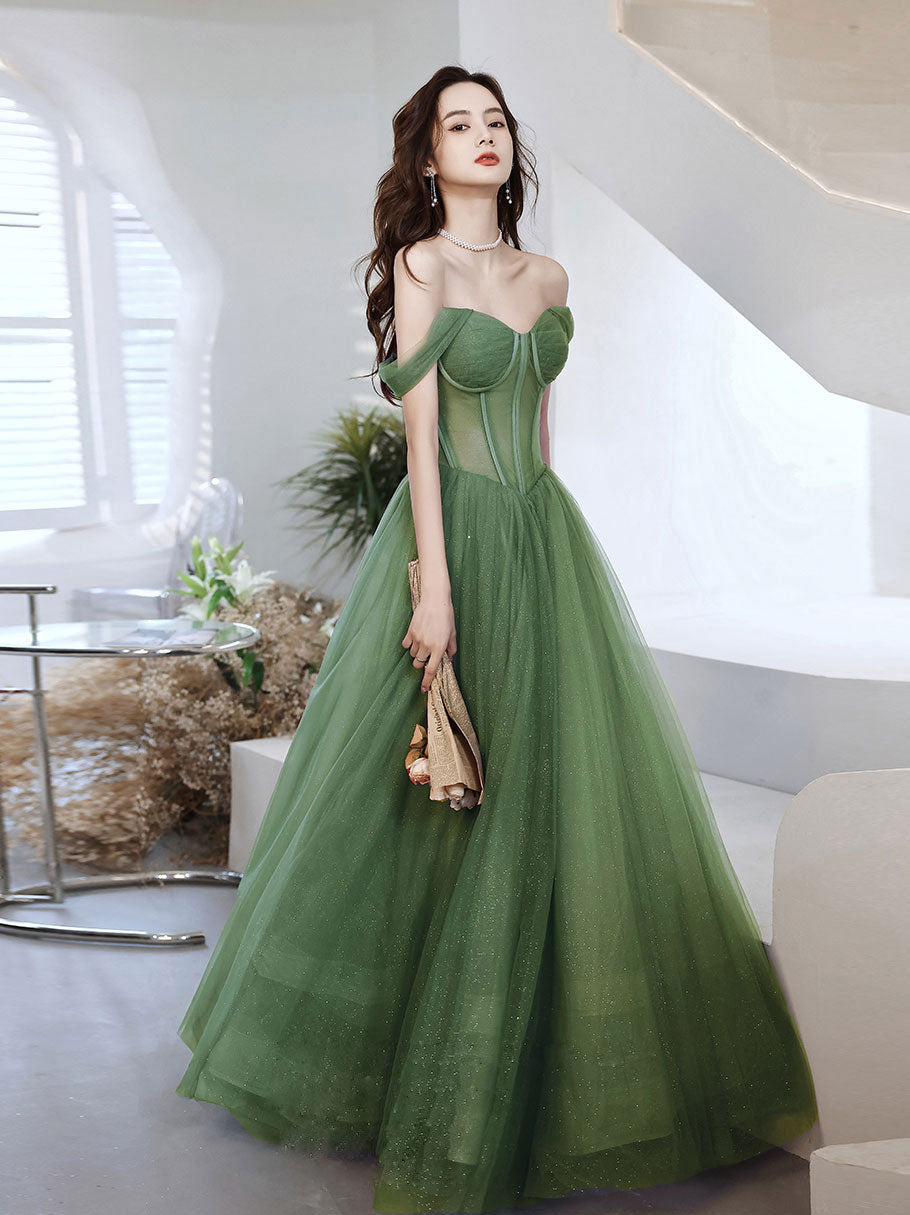 A-Line Satin Tulle Long Prom Dress, Green Short Sleeve Evening Party D