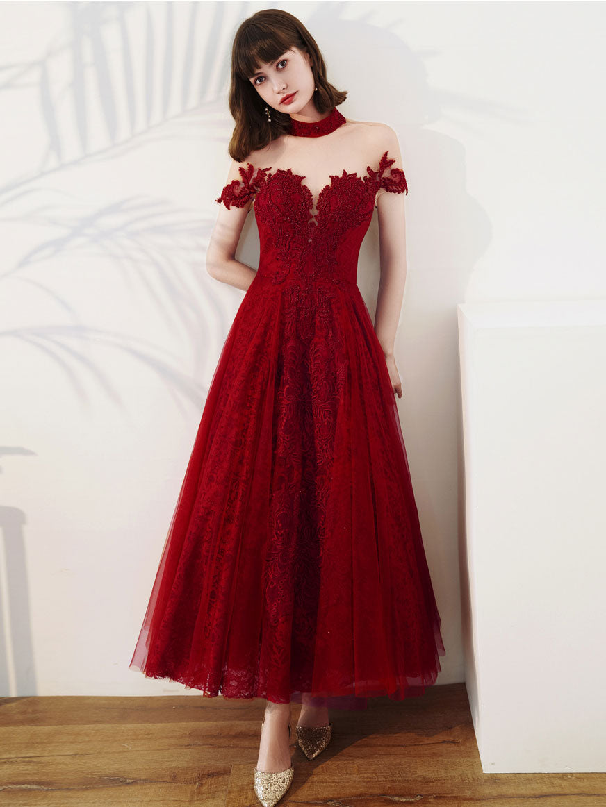 Burgundy Tulle Lace Tea Length Prom Dress, Burgundy Evening Dress