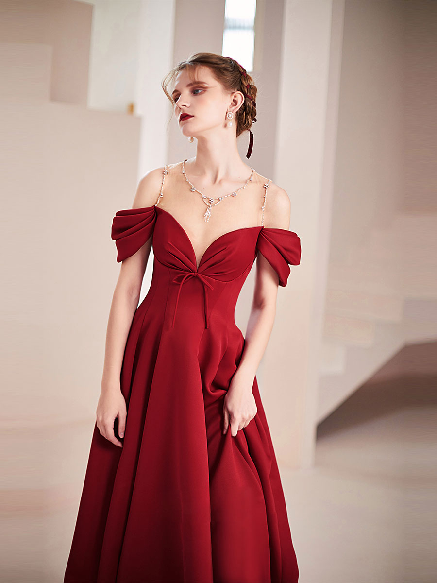 Simple Burgundy Round Neck Satin Long Prom Dress, Burgundy Formal Graduation Dresses