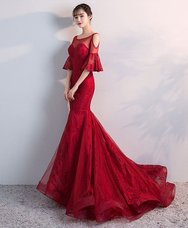 Burgundy Round Neck Tulle Lace Mermaid Long Prom Dress, Evening Dress