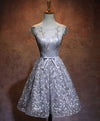 Gray Round Neck Lace Short Prom Dress,Cute Homecoming Dress