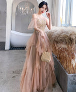 Champagne Tulle Lace Long Prom Dress Tulle Lace Evening Dress