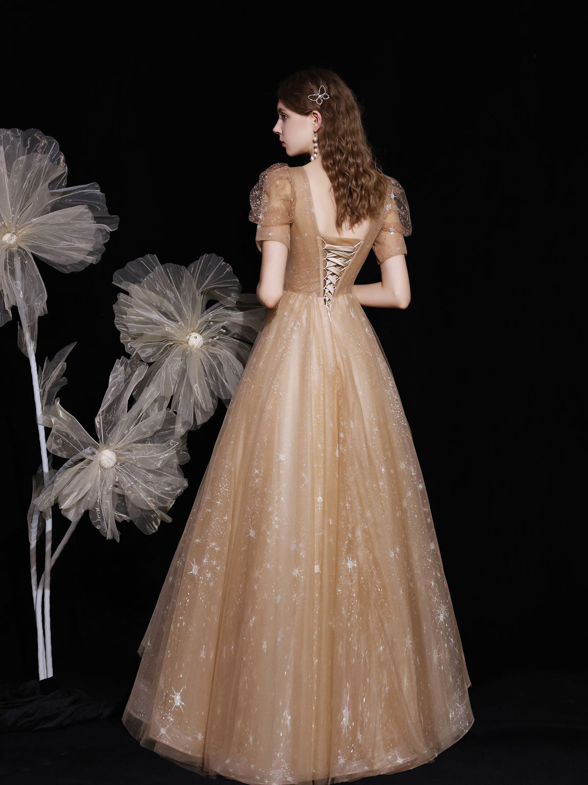 Champagne V Neck Tulle Long Prom Dress, Champagne Evening Dress