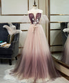 Unique Tulle Round Neck Lace Long Prom Dress Tulle Evening Dress
