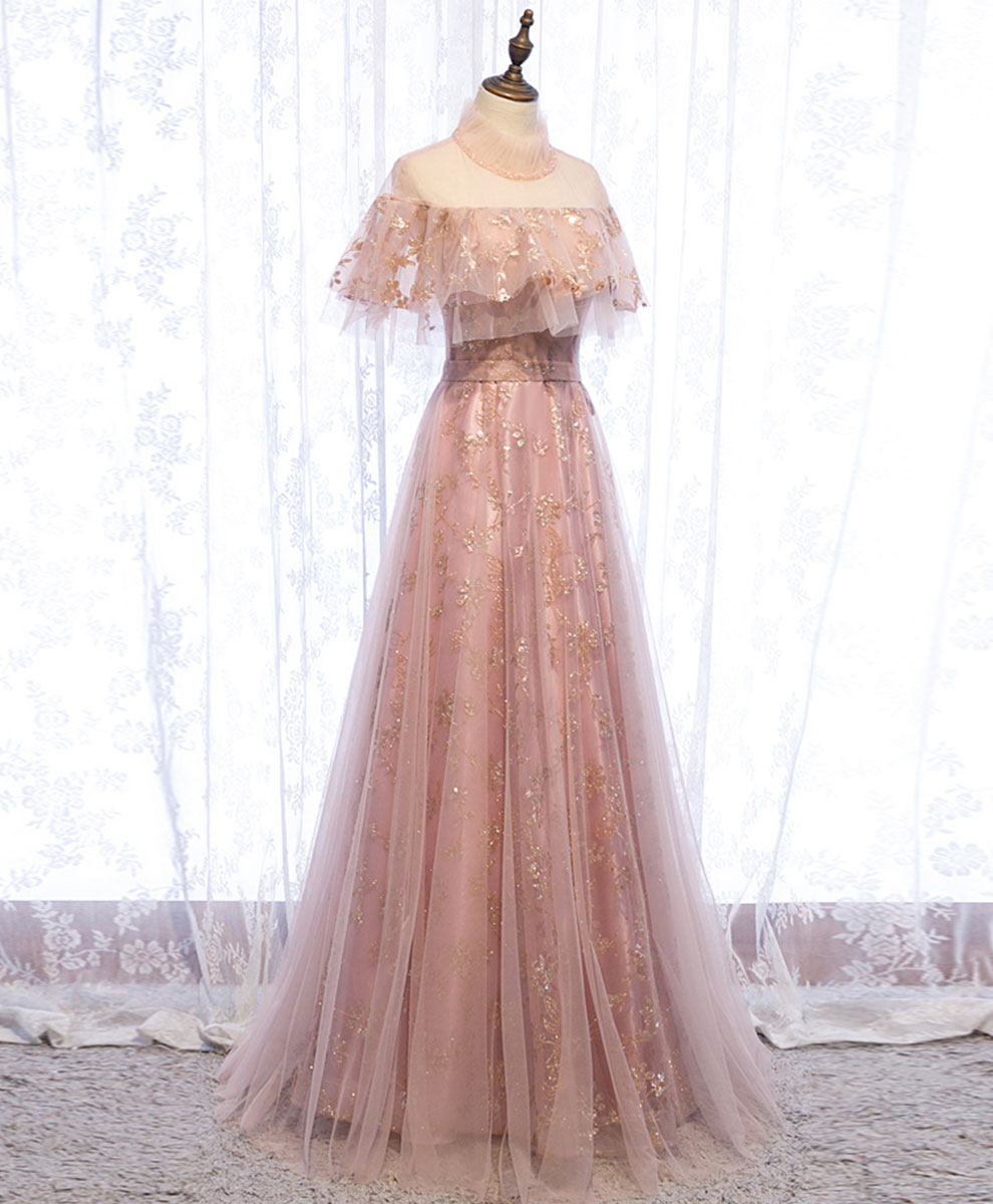 Pink Tulle Lace Long Prom Dress Pink Tulle Formal Dress