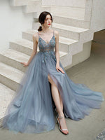 Gray blue v neck tulle beads long prom dress, gray tulle formal dress