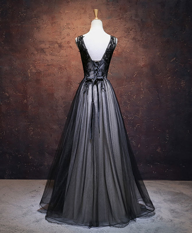 Black V Neck Tulle Lace Applique Long Prom Dress, Black Lace Bridesmaid Dress