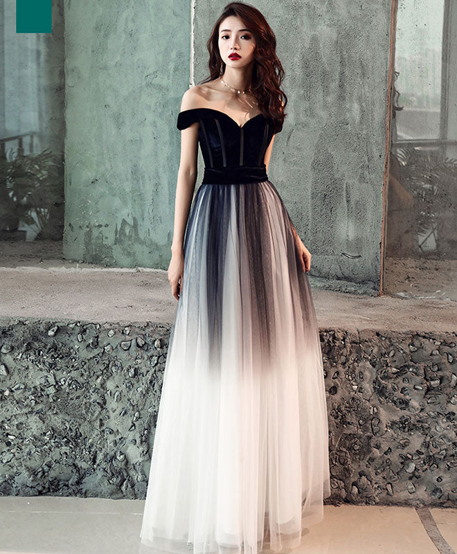 Simple Tulle Off Shoulder Black Long Prom Dress, Black Tulle Evening Dress
