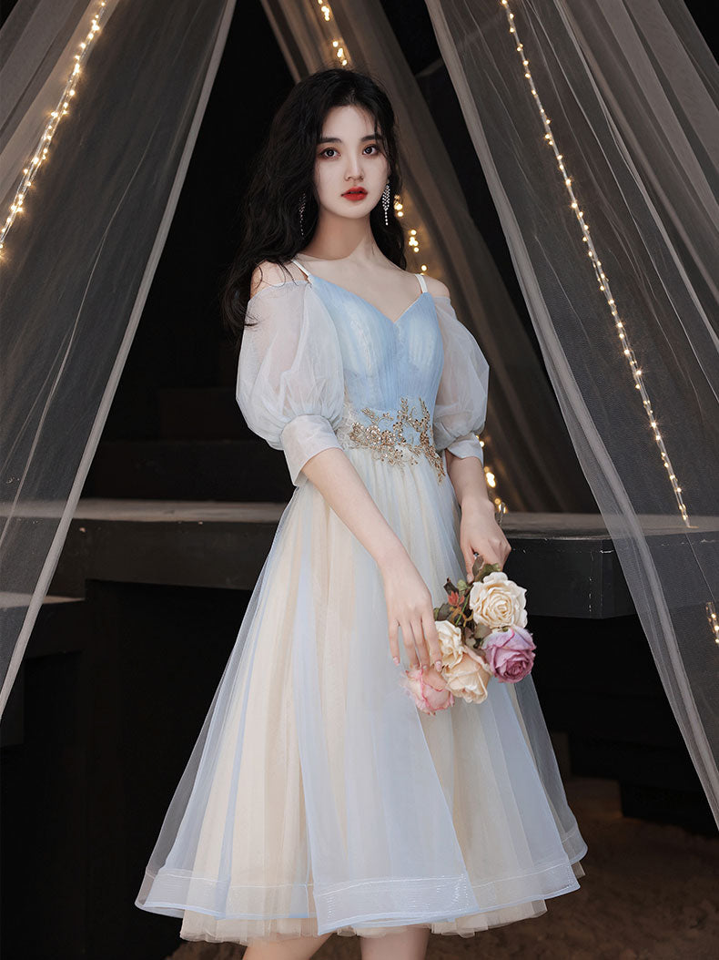 Blue A-line Tulle Lace Short Prom Dress, Blue Homecoming Dress