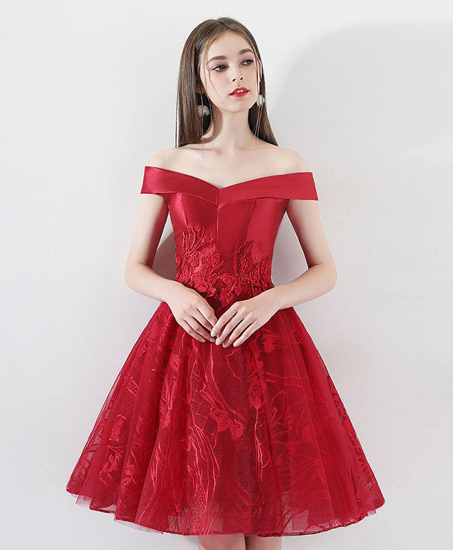 Burgundy Lace Tulle Short Prom Dress, Burgundy Homecoming Dress