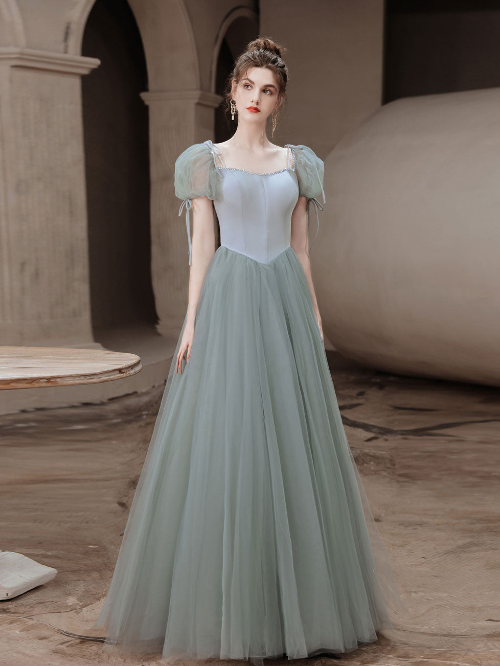 Simple Gray Green Tulle Long Prom Dress, Gray Green Evening Dress – shopluu