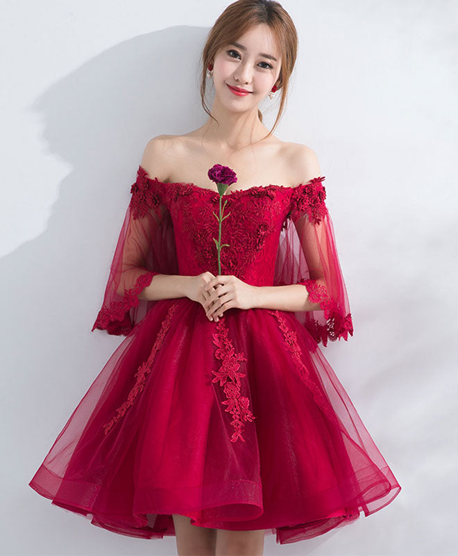 Burgundy Off Shoulder Tulle Lace Short Prom Dress, Burgundy Homecoming Dress