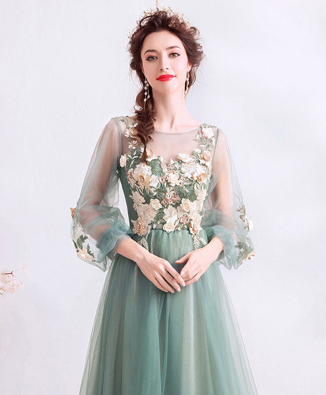 Green Round Neck Tulle Lace Long Prom Dress, Green Bridesmaid Dress