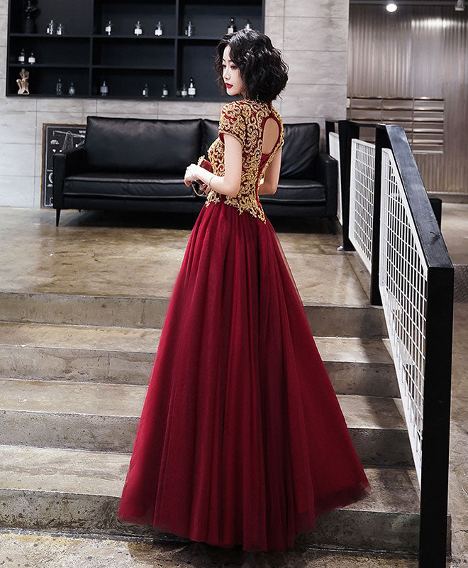 Burgundy Tulle Beads Long Prom Dress, Tulle Burgundy Evening Dress