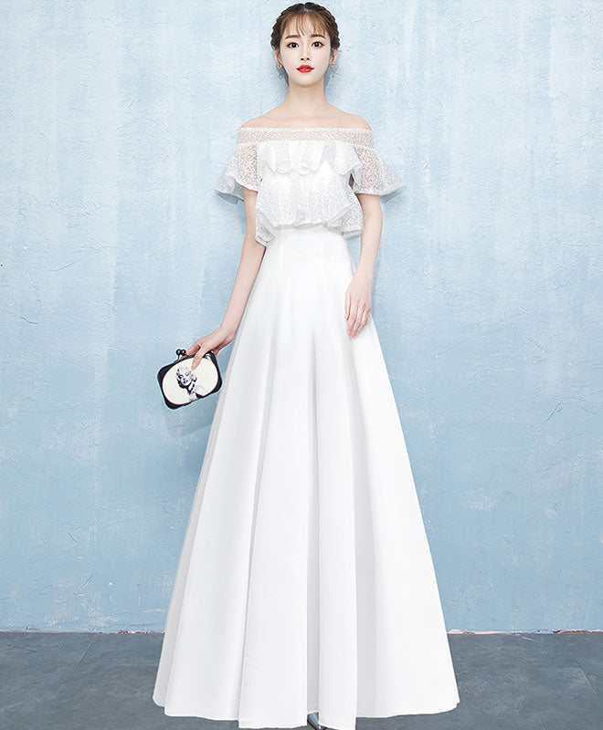 White A-Line Lace Satin Long Prom Dress, White Evening Dress