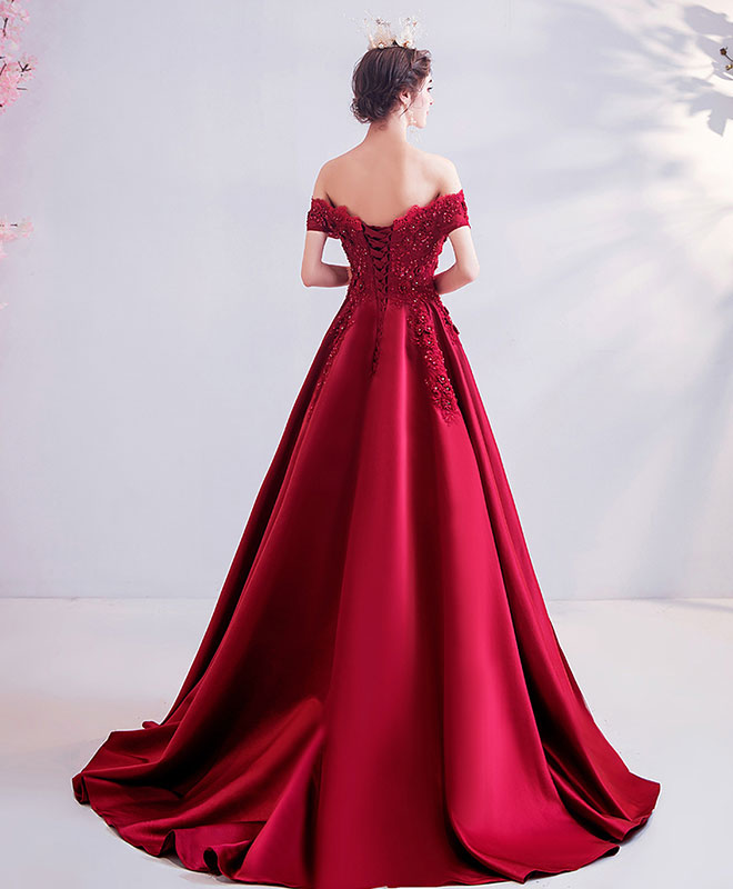 Burgundy Off Shoulder Lace Satin Long Prom Dress Burgundy Evening Dress